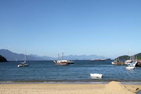 Boats on the beach in the unique landscape of Ilha Grande